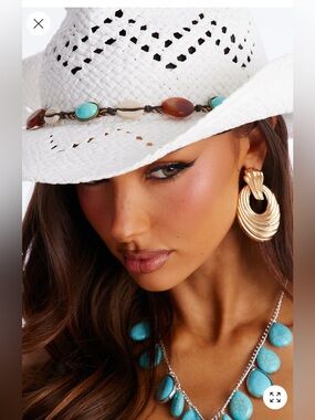 White Straw Western Hat with Turquoise Bead Trim